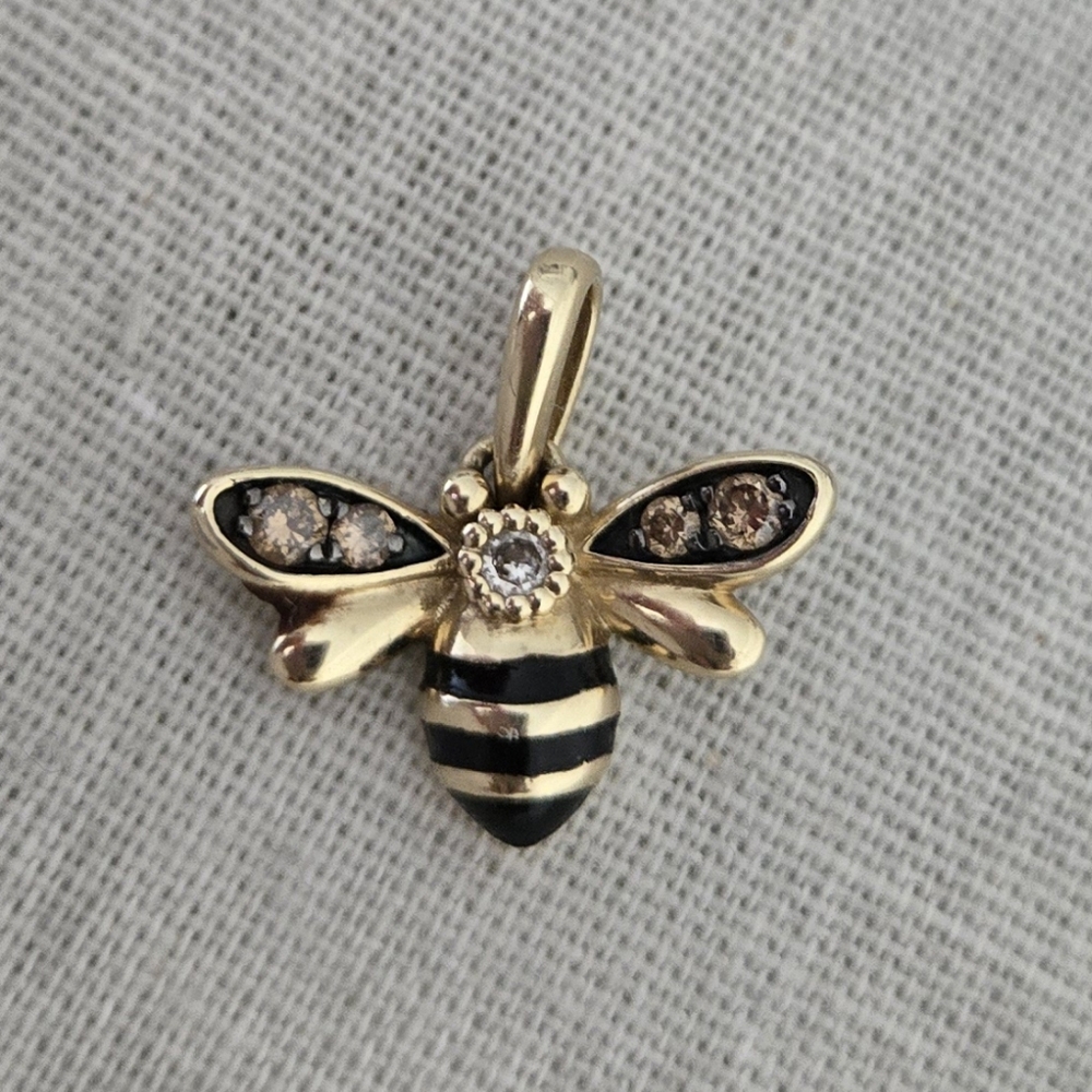 Levian diamond and black enamel bee pendant, 14k yellow gold.